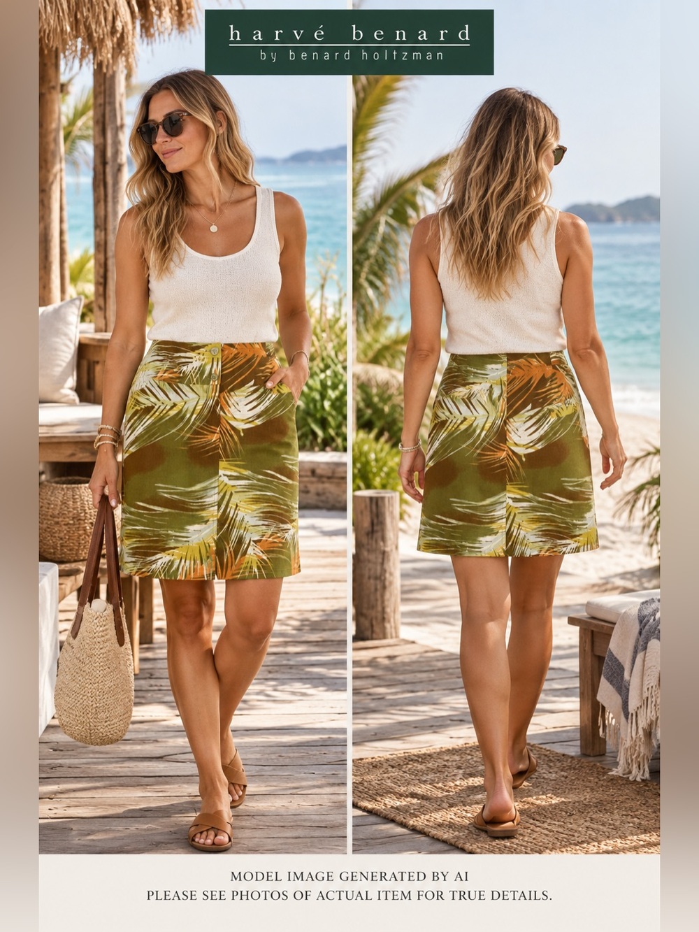 Harvé Benard Linen Blend Tropical Print Wrap Skirt 8 Resort Vacation Coastal
